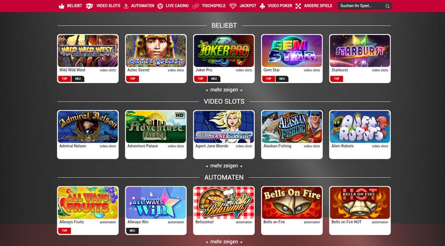 Adler Casino Spieleauswahl