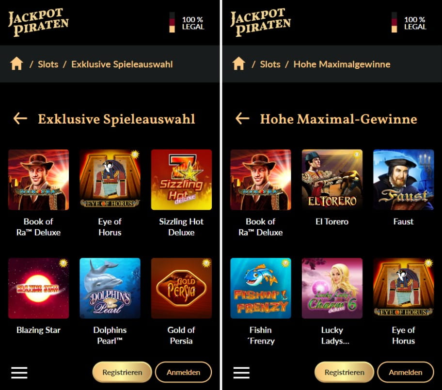 JackpotPiraten Mobile App Ansicht