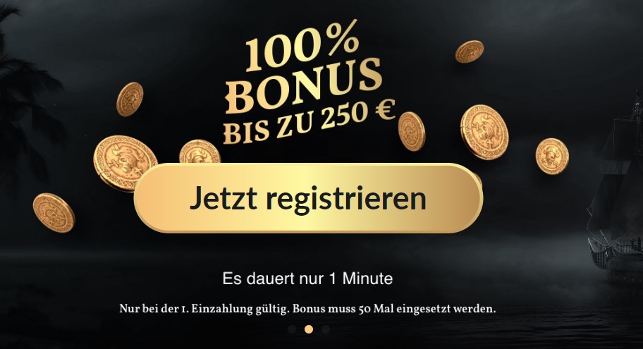 JackpotPiraten Casino erste Einzahlung: 100% Bonus bis zu 250€